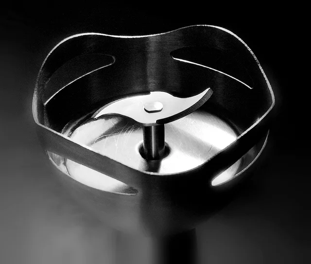 Close-up of an immersion-blender blade inside a bell-shaped guard