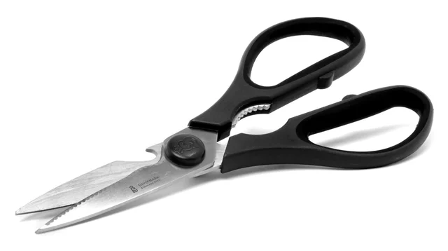 Kitchen scissors with black loop handles and partly open metal blades on a white background