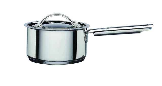 Polished lidded saucepan with a long side handle against a white background