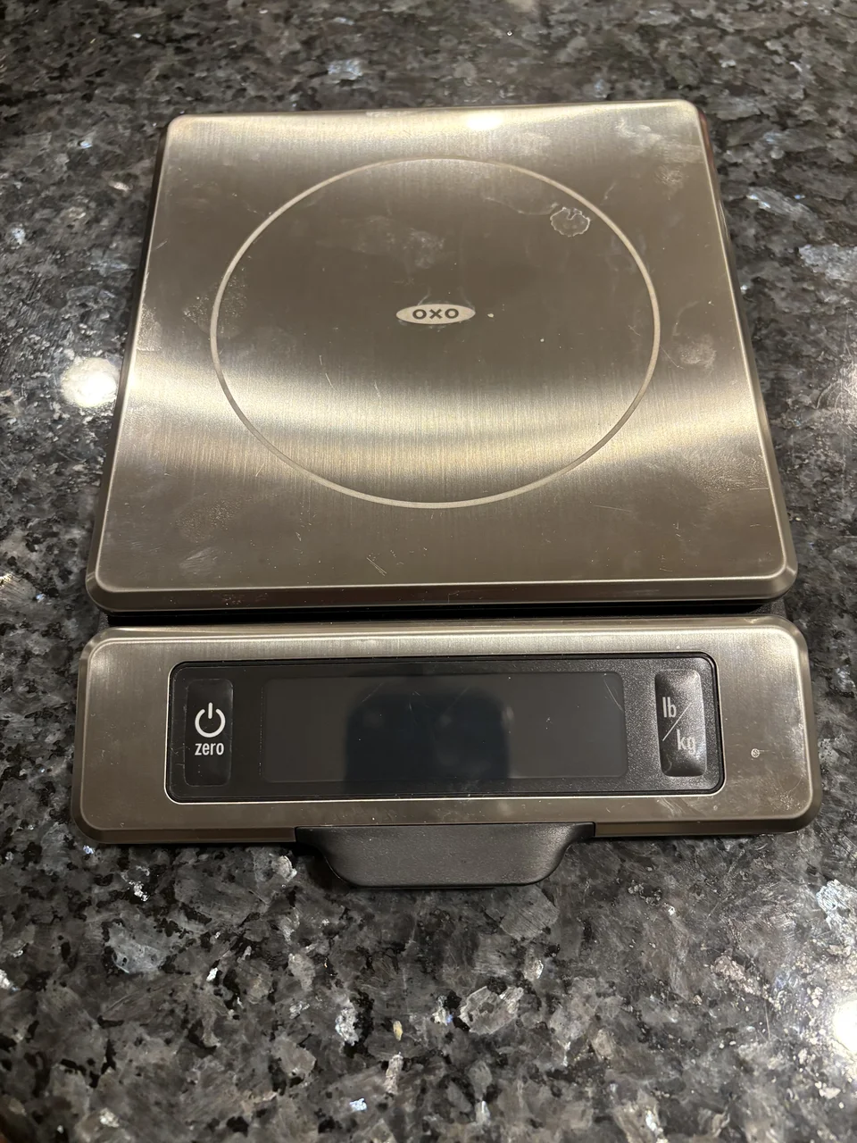 OXO stainless-steel food scale with a separate front display housing and zero and unit controls