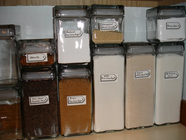Labelled glass pantry jars containing flour, sugar, walnuts and other dry ingredients